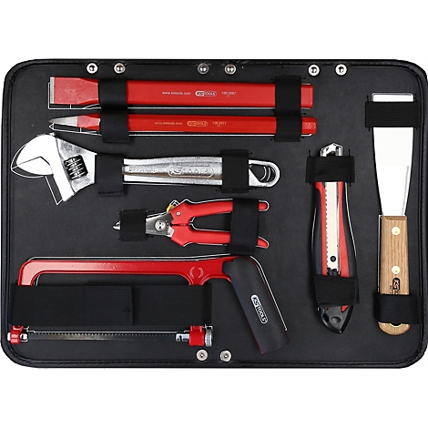 Werkzeugkoffer mit verschiedenen roten und silbernen Werkzeugen, wie Schraubenschlüssel, Säge, Spachtel und Zangen, alle auf schwarzem Grund.